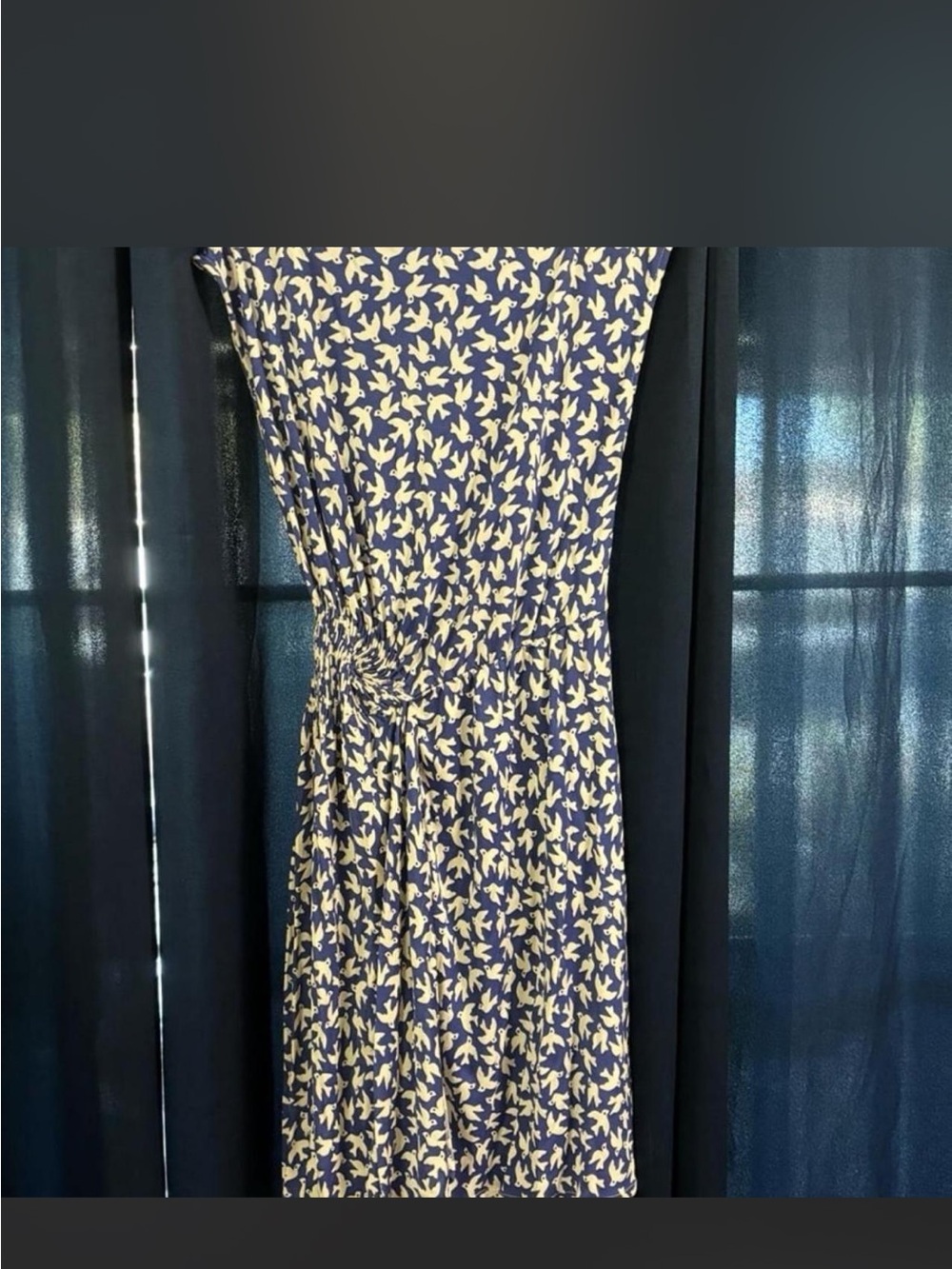 Anthropologie Leifnotes Royal Blue Bird Print Ruched Draped Dress size S - Picture 6 of 7